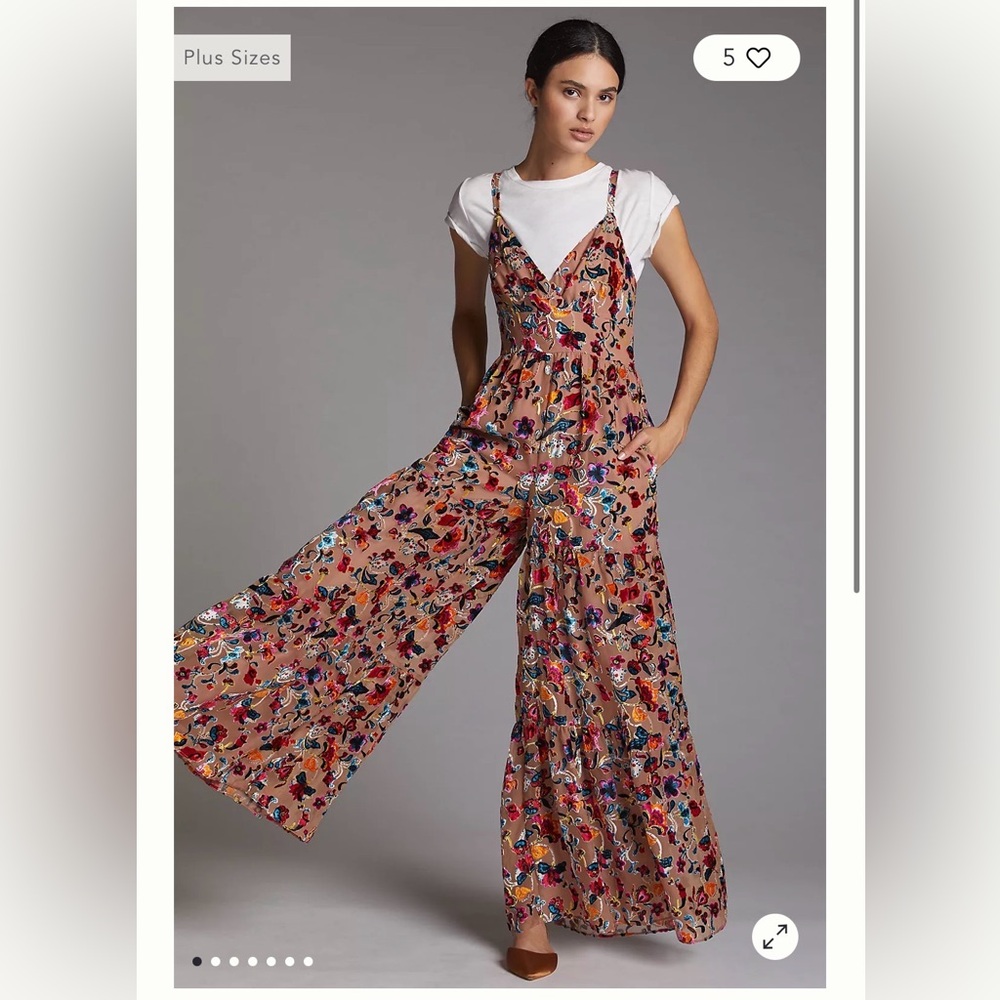 Anthropologie Hutch Burnout Velvet Jumpsuit Wide-Leg Blush Floral Print